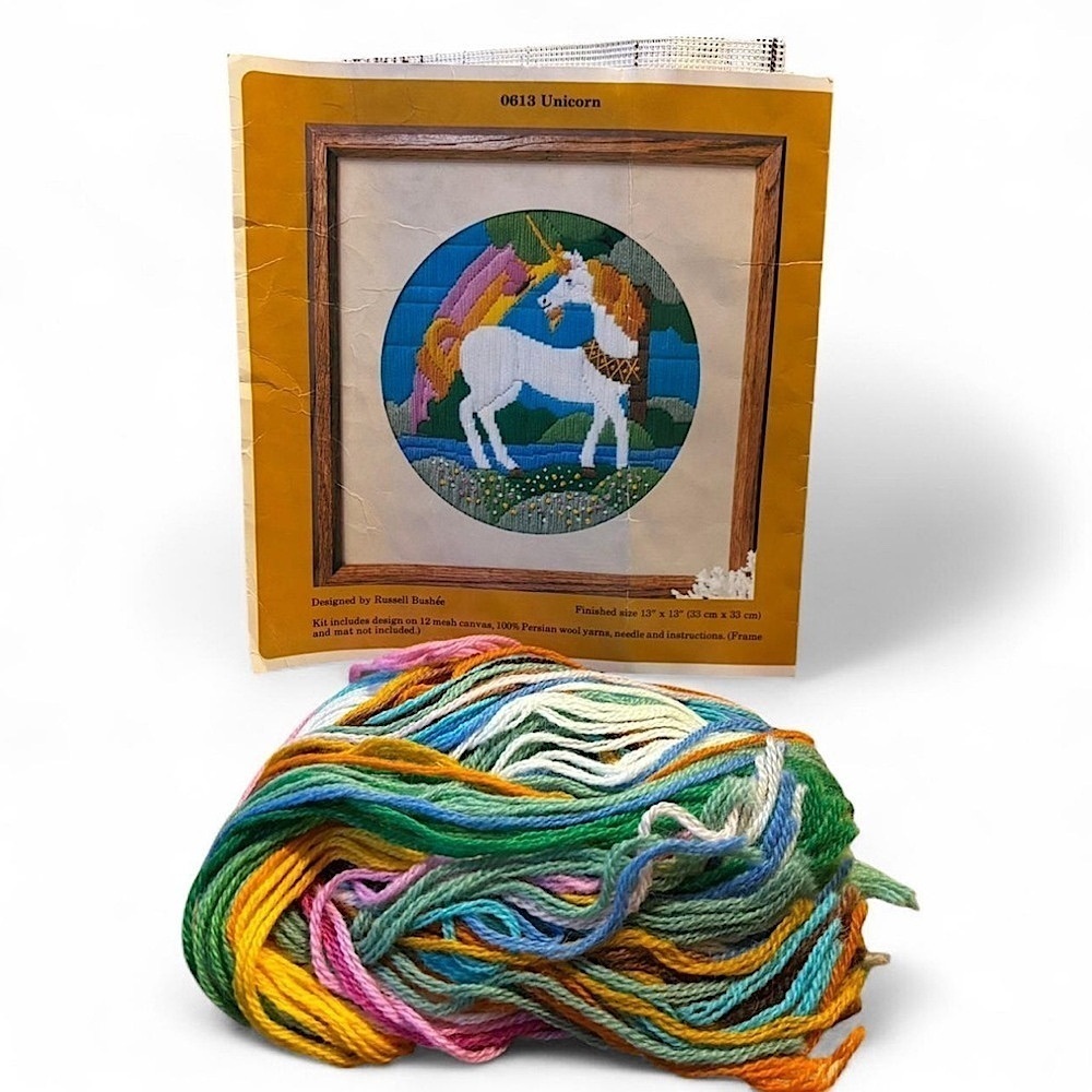 VTG 80s Crewel Unicorn Long Stitch Kit Wool Yarn Partially Started